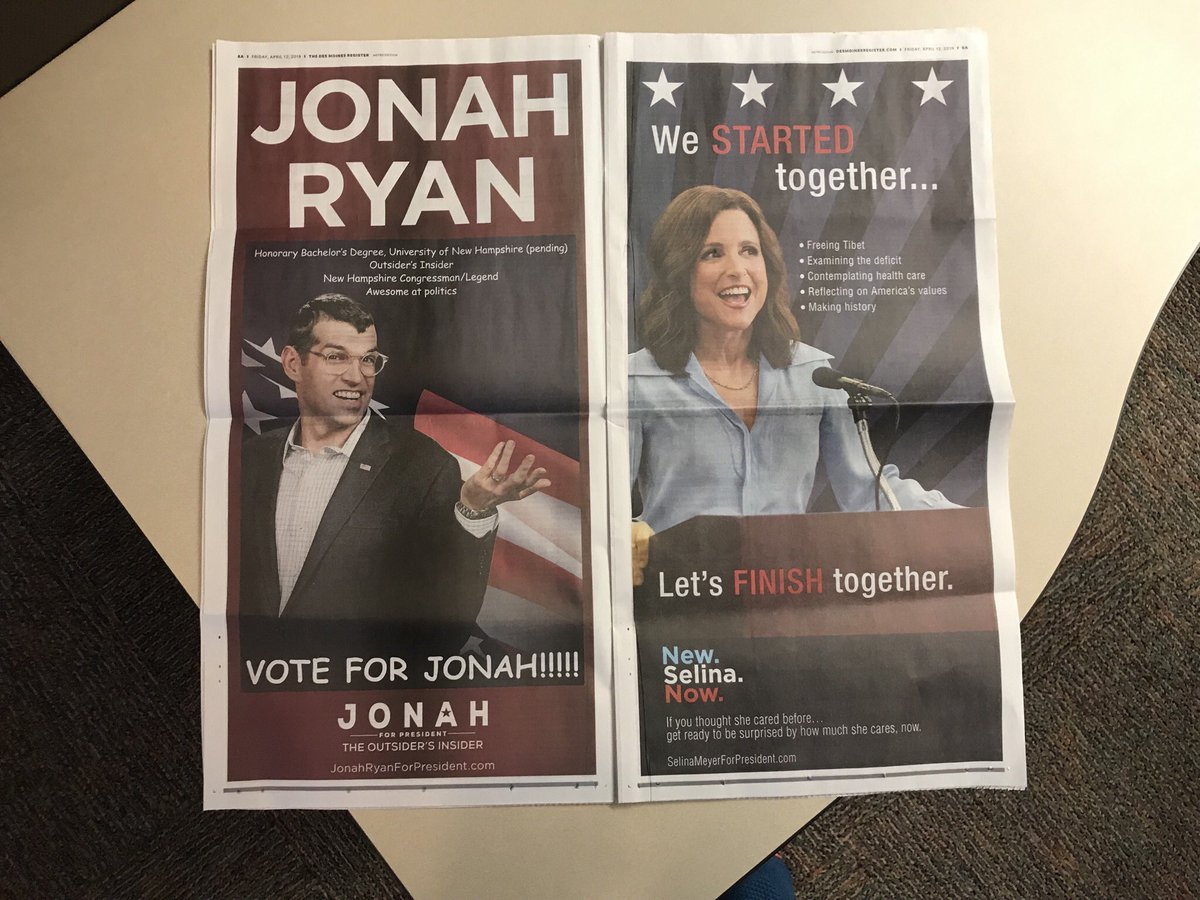 LOL. Iowa’s largest newspaper has a full two page ad for @VeepHBO with no mention of it being a TV sitcom. Looking forward to seeing where they rank in the next Iowa poll. #iacaucus