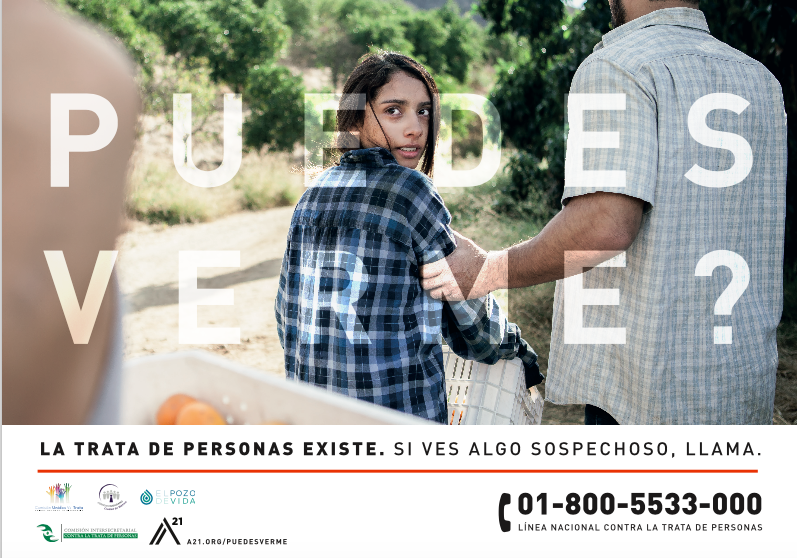 Te invitamos a conocer la campaña #PuedesVerme #CanYouSeeMe de #A21. Si sospechas que alguien es víctima de #TrataDePersonas, denuncia al 01 800 5533 000. ¡Tu ayuda es fundamental!
