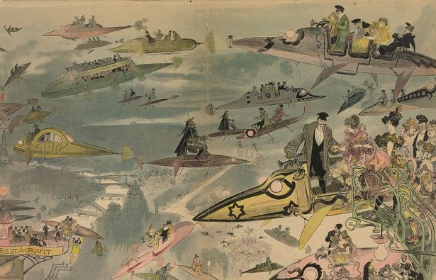 twistopherrobin's tweet photo. #Art #Illustration #ScienceFiction "This is the futuristic world envisioned by 19th century artist #AlbertRobida in Le Sortie de l'opéra en l'an 2000." https://t.co/2i5ze3fgpm