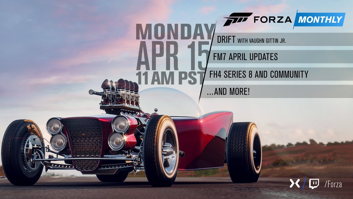 ForzaMotorsport's tweet photo. Just a few short days now until our next instalment of #ForzaMonthly is upon us. Take a look at what we have coming up for you on next Mondays show. We kick things off at 11am Pacific/7pm UK and very much hope you can join us! https://t.co/RFcsIRzyKk https://t.co/atPl2nRWLY