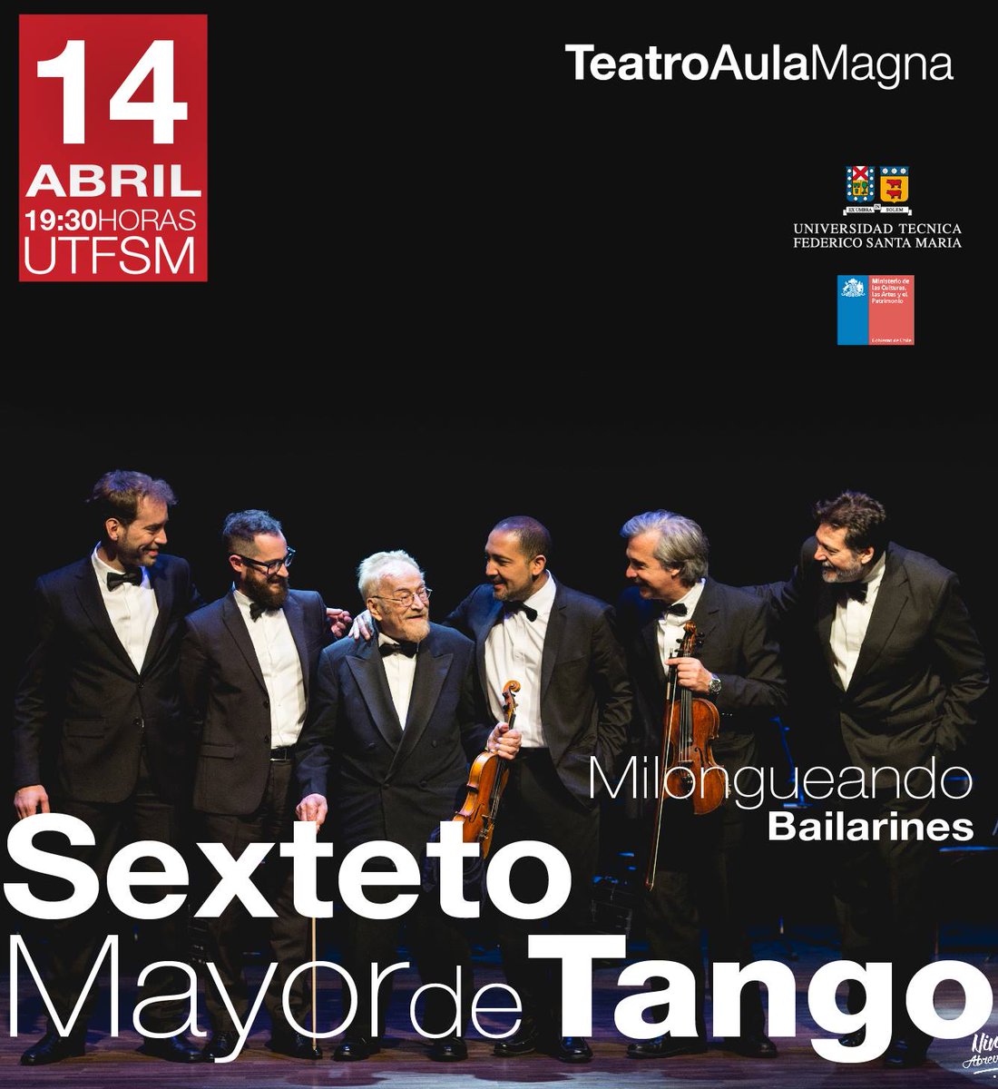 EFEValparaiso's tweet photo. ¡Tenemos #Concurso! Gana una entrada doble para asistir al concierto de la agrupación insigne del tango, el Sexteto Mayor, que se realizará este domingo en @AulaMagna_USM 🎶 Sólo debes comentar cuál es la estación más cercana a la @usantamaria, dar RT y ya estás concursando🤩 https://t.co/Jwugc7LQjn