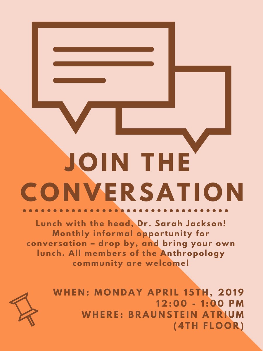 BearcatAnthro's tweet photo. MONDAY « Join Dr. Sarah Jackson for lunch at 12PM –1 PM! Bring your own lunch and join this informal meet up! #AnthMore #LunchWithHead https://t.co/OSrDUq6Jsv