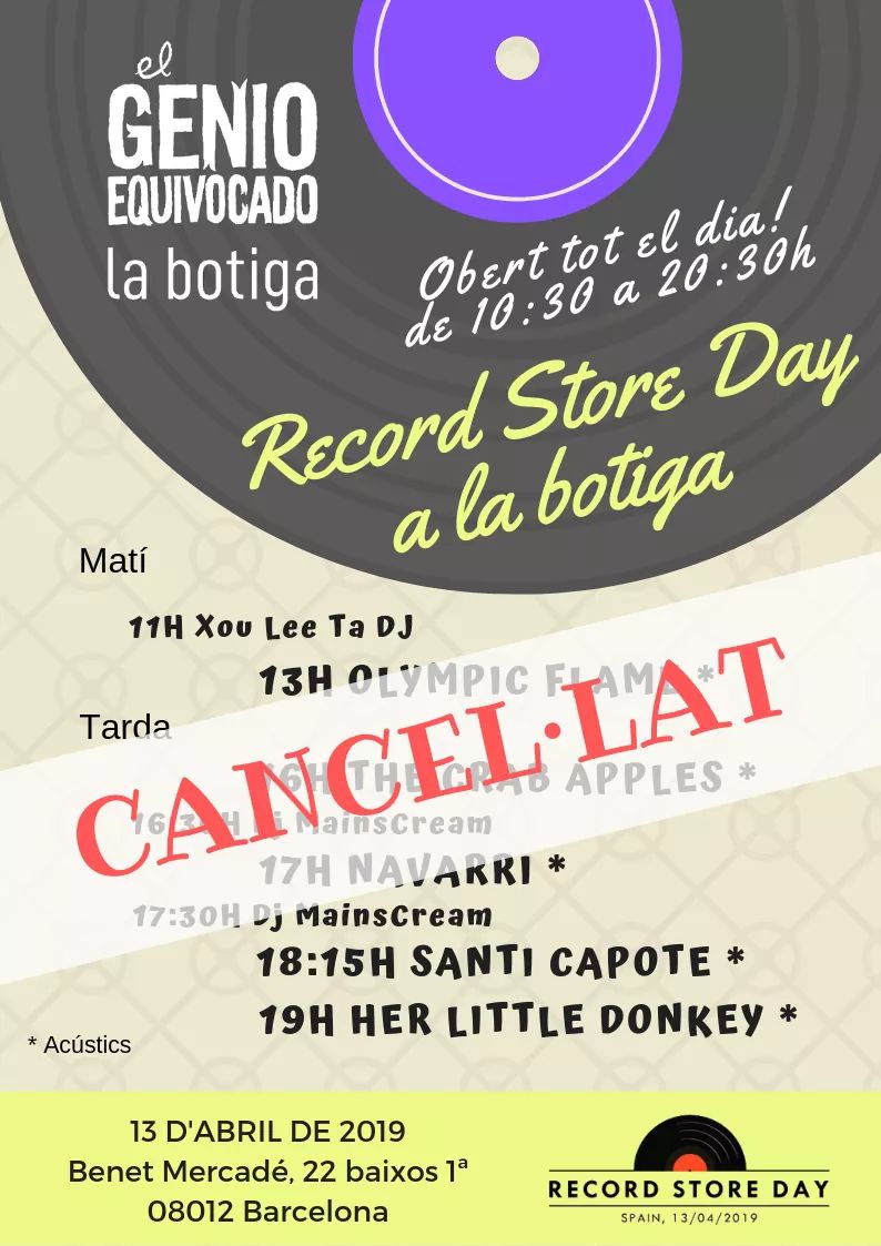 Amig@s, los conciertos acústicos programados para el Record Store Day en #labotiga del <a href="/genioequivocado/">El Genio Equivocado</a> se suspenden por requerimiento del Ayuntamiento al recibir alguna queja vecinal. No obstante seguiremos abiertos durante todo el día esperando a que paséis a comprar discos.
