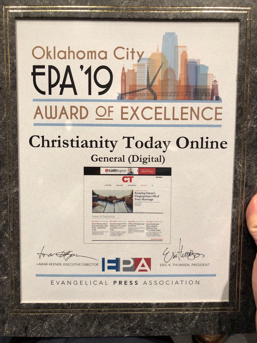 Finally, I'm honored <a href="/CTmagazine/">Christianity Today</a> was named best digital pub at #EPAideas. 1 of our 29 awards: evangelicalpress.com/2019-higher-go…

We have a small staff working hard to cover a global beat with excellence. Glad to see the whole team--editors, designers, contributors--recognized for that!