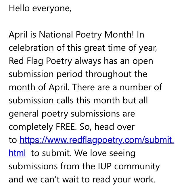 IUPCW's tweet photo. Try submitting your work to @RedFlagPoetry to celebrate National Poetry Month and have a chance of getting published on their monthly postcards! https://t.co/6iX2IduYFN