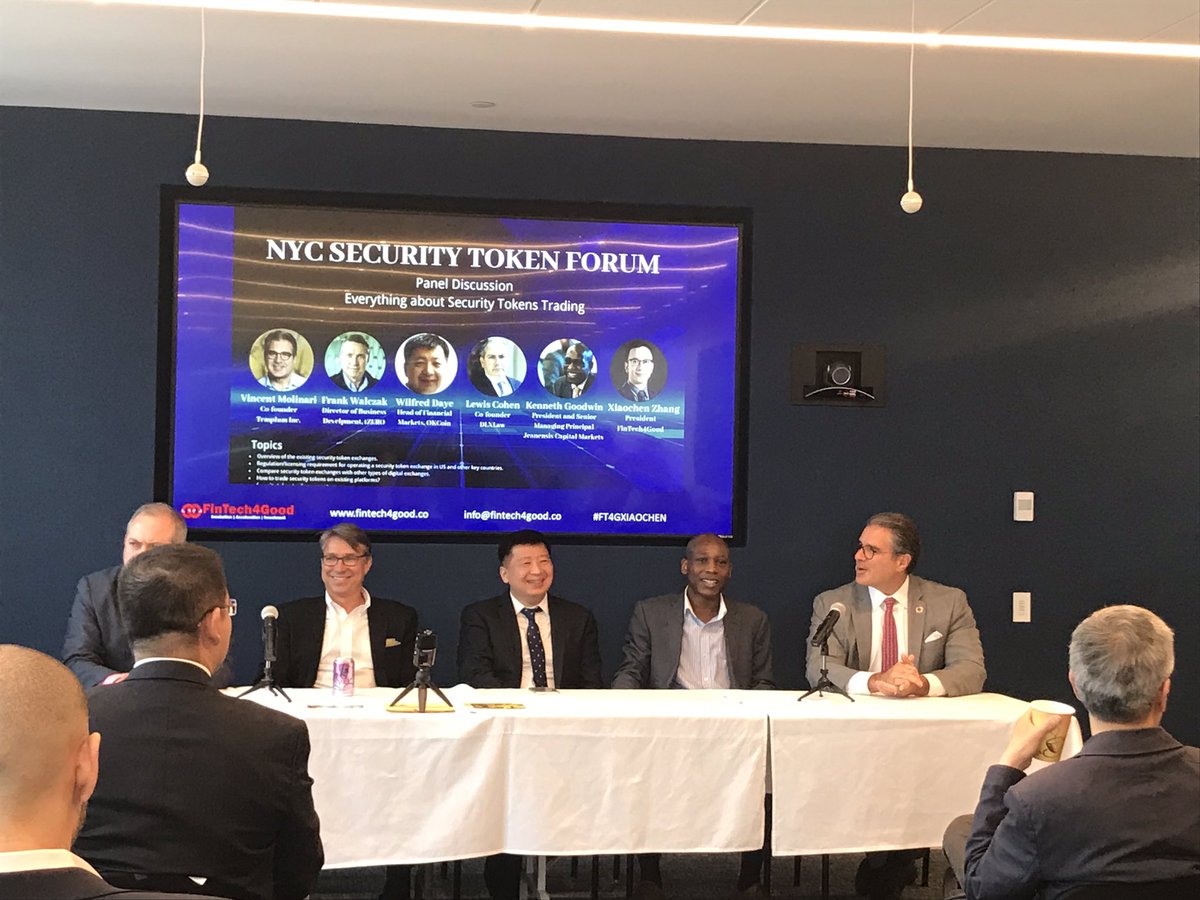 alexfe15's tweet photo. Security Token Trading panel at the #SecurityTokenForum with @FrankWalczak5 of @tzeroblockchain, Vincent Molinari of @templumonline, Wilfred Daye of @OKCoin, Kenneth Goodwin of @jeanensis and Lewis Cohen of @DLxLawLLP https://t.co/31DNCP8gt8