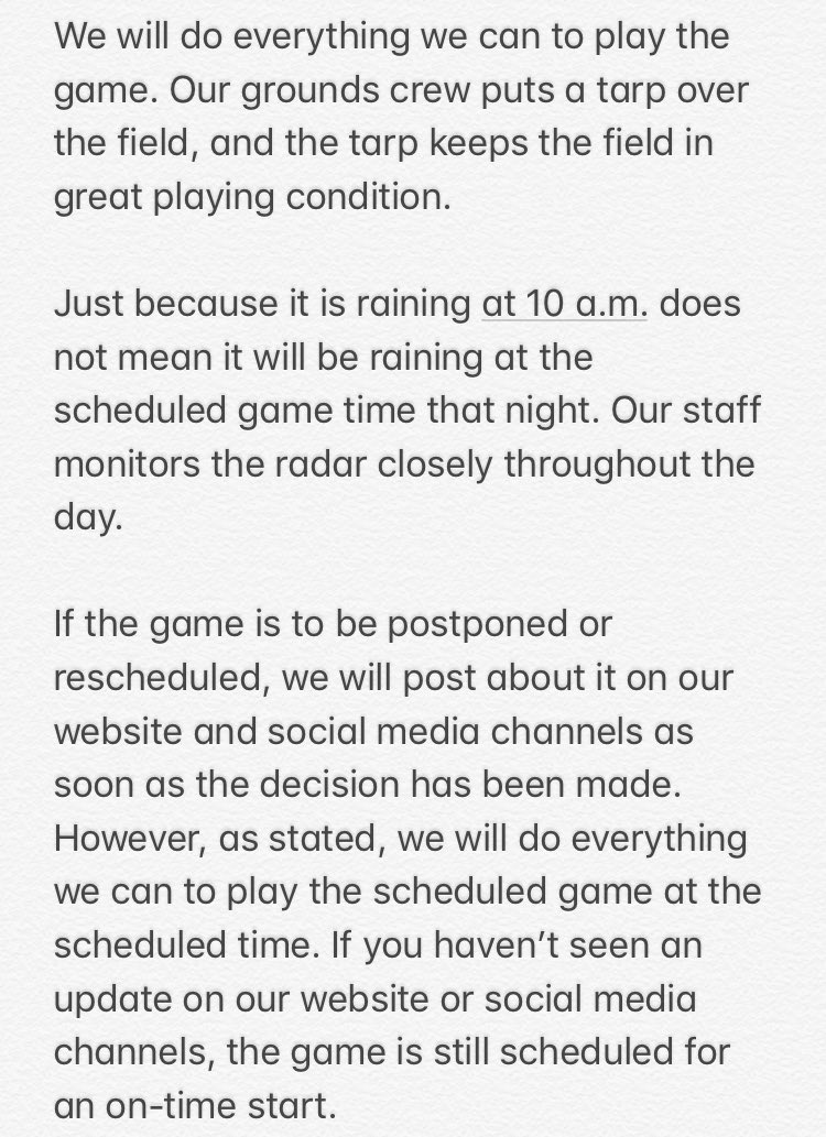 DurhamBulls's tweet photo. Hello friends. With a new season upon us, please read up on how we operate when there is rain on game days. 

You can also visit our Rain Policy web page: https://t.co/7kRHZvRbqM https://t.co/I7tEhOXguI