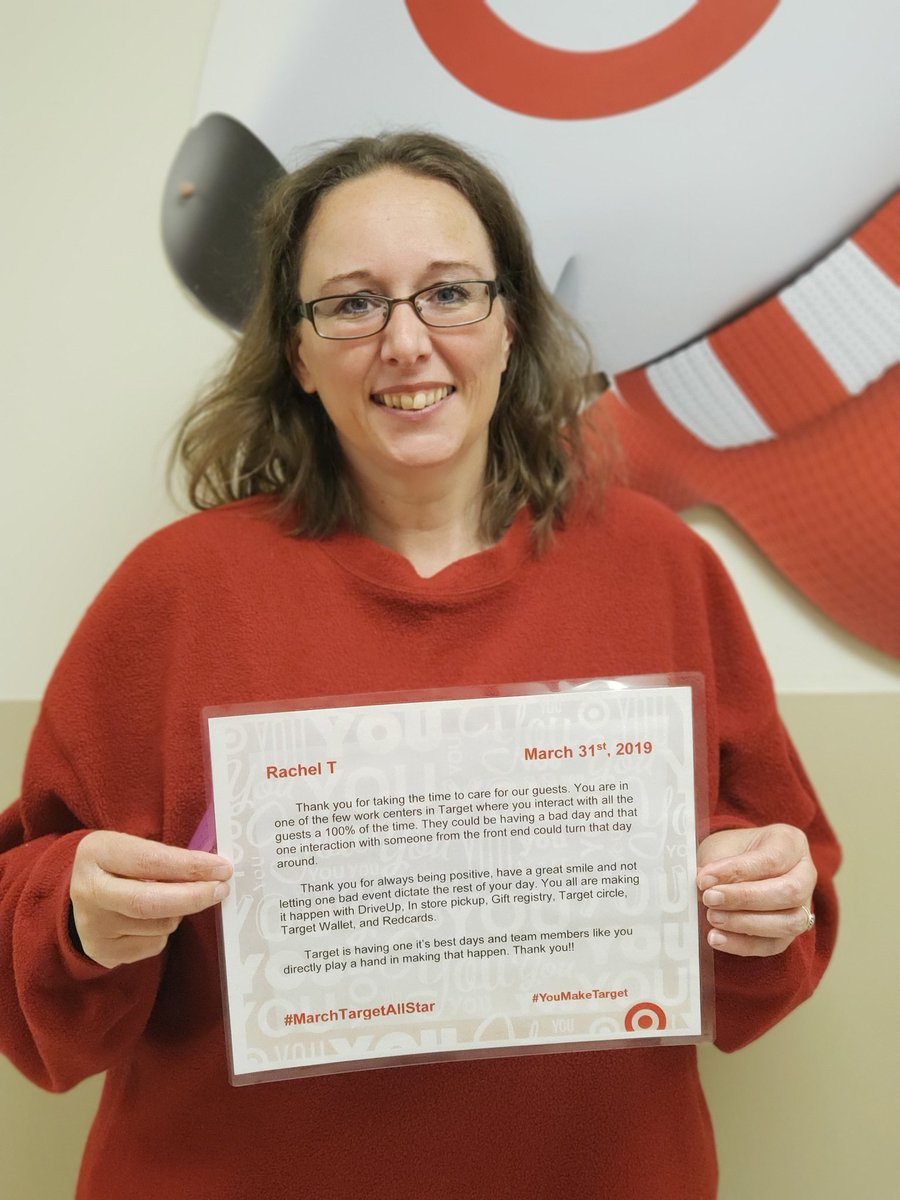 Meet our March #YouMakeTarget winner. Rachel rocks her smile and her awesome British accent while doing a return, running the front lanes, self checkout, and drive up. She sometimes gets a line as guests ONLY want to be in her lane.  <a href="/WhitOhara/">Whitney O’Hara</a> <a href="/PhillipHerbst39/">Phillip Herbst</a> <a href="/JP_Cooney7/">Jon-Patrick Cooney</a>