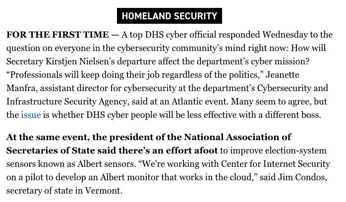 ScottNover's tweet photo. Made some news at #AtlanticSecurity on Tuesday, our @AtlanticLIVE event on cybersecurity. Politico Morning Cybersecurity featured @JohnDonvan's questions to @CISAManfra on the state of DHS and @VermontSOS on election security efforts. (h/t @timstarks) https://t.co/1XkMvFmnq5 https://t.co/Qwdul2lWnE