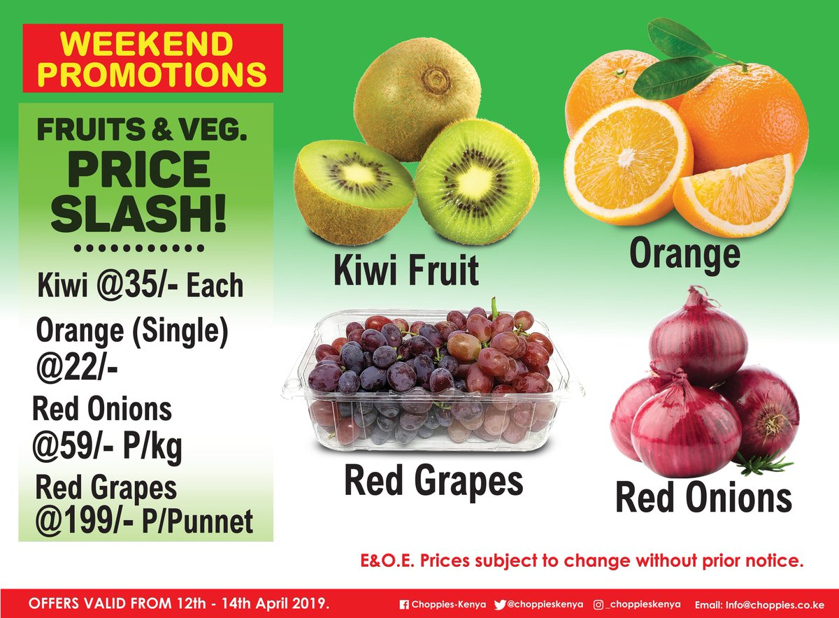 choppieskenya's tweet photo. Keeping you healthy and fit with the best quality and garden freshness! Lowest prices found nowhere but here! Chaguo ni Lako... Karibu :) Offers available in all outlets and valid from 12th till 14th April 2019. #SignatureMall #SouthfieldMall #NanyukiMall #KiambuMall #MaasaiMall https://t.co/ODgZVIzhfk