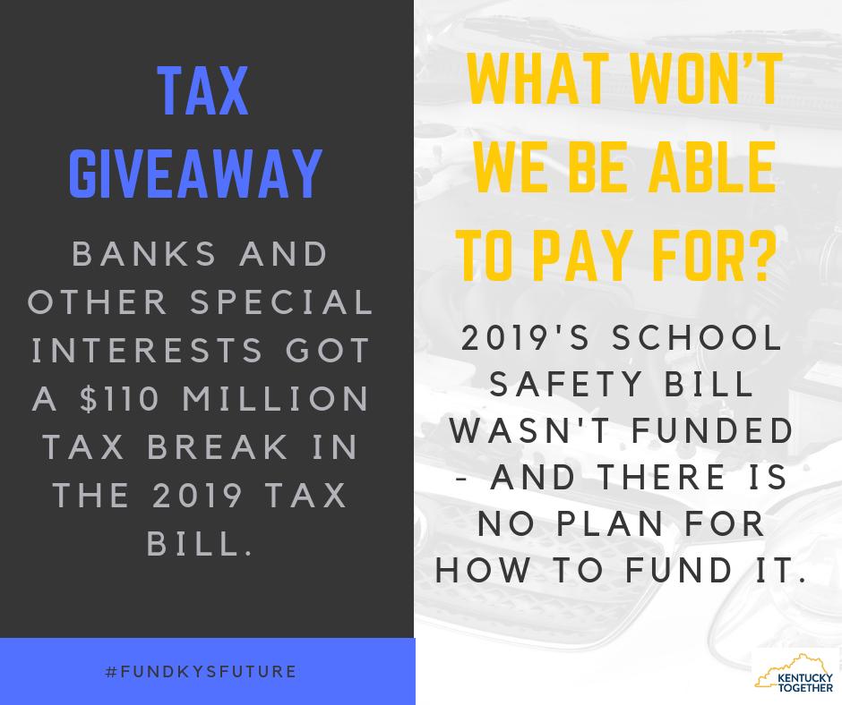 ky_together's tweet photo. #kyga19 acknowledged in Feb when they passed SB1 that implementation would require a hefty appropriation in #kyga20 that would be tough to find in our already stretched budget.

In March, they passed special interest tax breaks that will lower annual revenue by $110 million. https://t.co/b0YWrQA68N