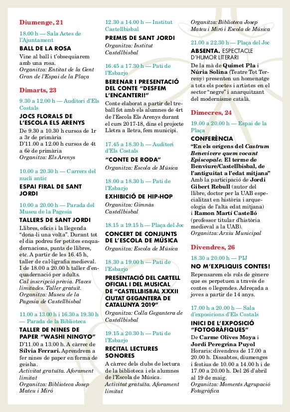Ja tenim a punt el programa d'activitats de Sant Jordi a #Castelllbisbal. Tot i que encara falten alguns dies, us el deixem per si voleu anar fent plans. Enguany, com a novetat, un espectacle d'humor literari, al vespre. <a href="/CastellCultura/">CastellbisbalCultura</a>