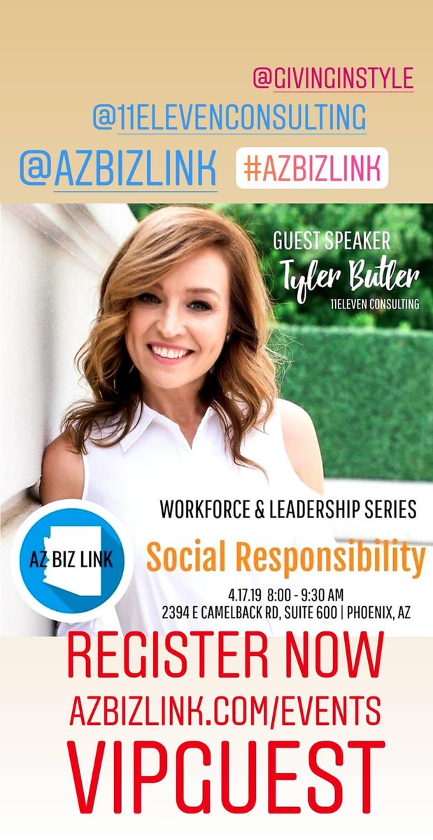 Giving_In_Style's tweet image. Join me and @azbizlink for a session about the power of CSR on April 17th. Register AZBIZLINK.COM/EVENTS with code VIPGUEST #azbizlink #11eleven #givinginstyle