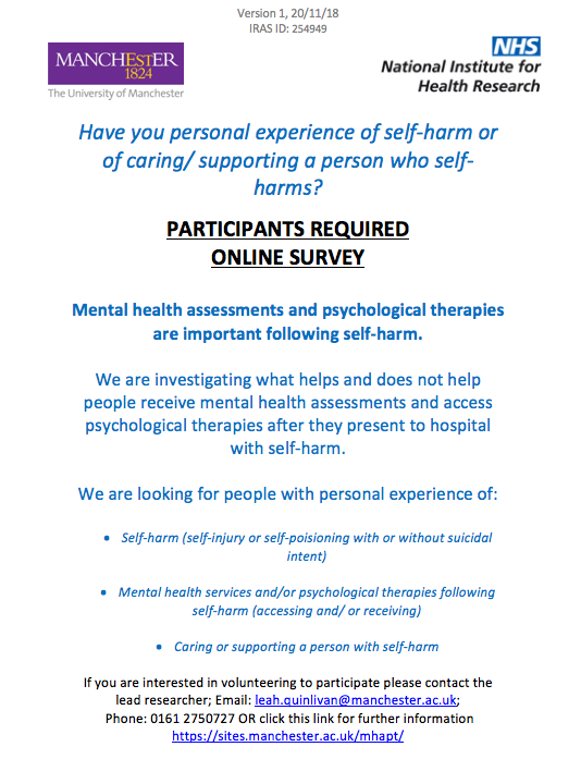 donnalittlewood's tweet photo. Have you or a loved one had experience of self-harm? 

We want to know about people's experiences of MH assessments and psychological therapies. The website for the survey is here: https://t.co/Btc6M0uWXo

Please RT 🙏 https://t.co/WddFTsVQj6
