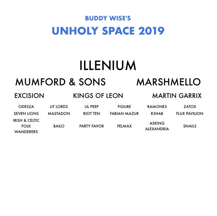 splitphacedub's tweet photo. I’d definitely go 💜🙌 #illenium #marshmello #mumfordandsons #excision #kingsofleon #martingarrix #odeza #litlords #lilpeep #figure #ramones #zatox #sevenlions #mastadon #riotten #fabianmazur #r3hab #fluxpavilion #snails #askingalexandria #felmax #partyfavor https://t.co/F8u6tvSUhY