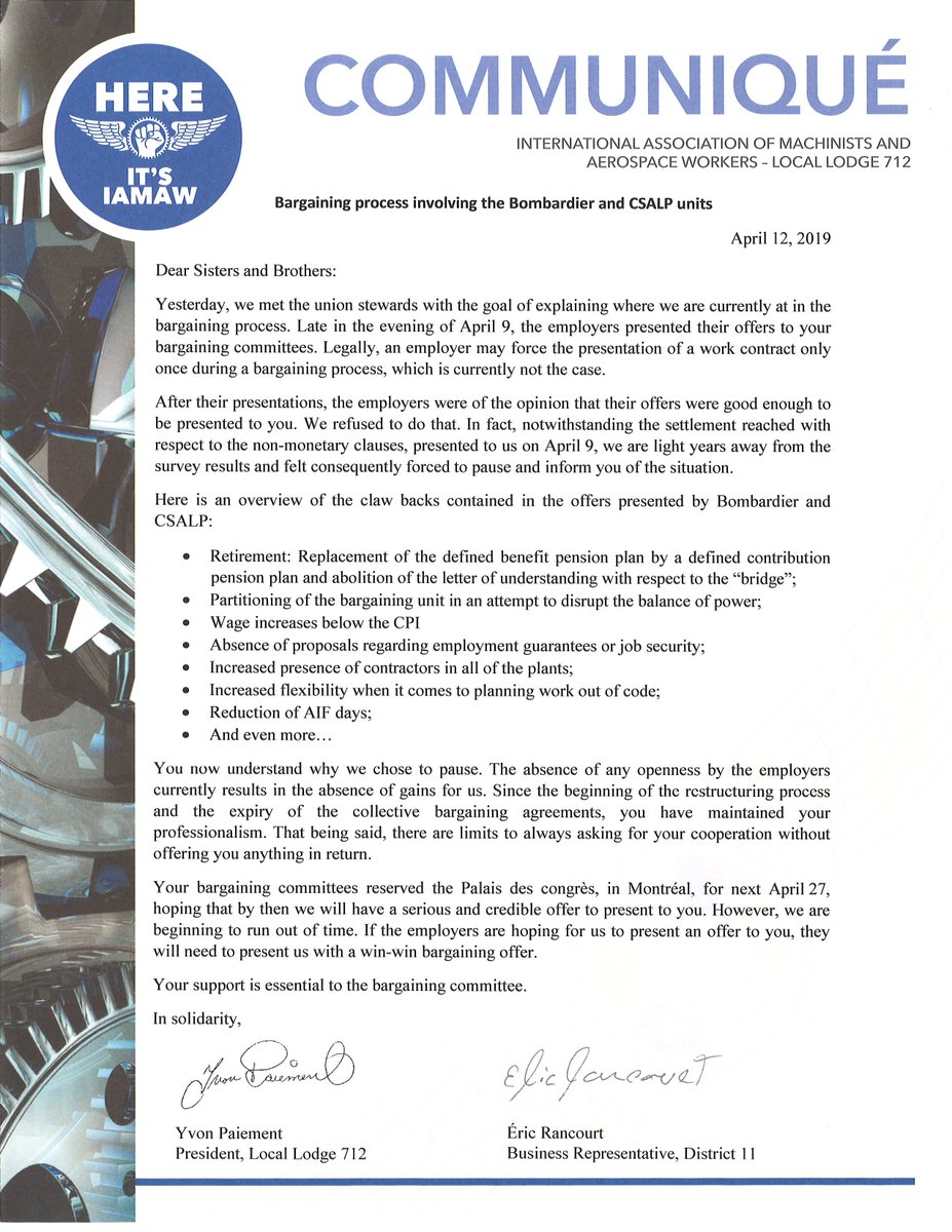 712Aimta's tweet photo. Afin de s'assurer que le bulletin distribué ce matin, devant les usines de Bombardier et de la CSLAP, rejoigne l'ensemble de nos membres, en voici une copie que vous pouvez faire circuler. https://t.co/JJ7rhWxCj0