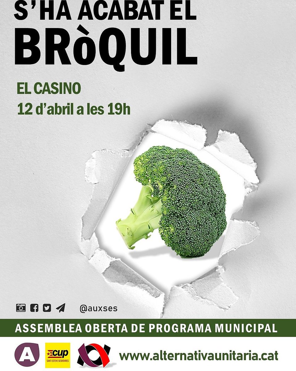 auxses's tweet photo. "Tota política que no fem nosaltres serà feta contra nosaltres". Joan Fuster.
📢AVUI Divendres 12🕖19:00h
🏣Casino #SantEsteveSesrovires
Assemblea Oberta. Fem Juntes el Programa Municipal.
#ShaAcabatElBroquil
#SabemOnAnem https://t.co/iAsdyhj8Oo