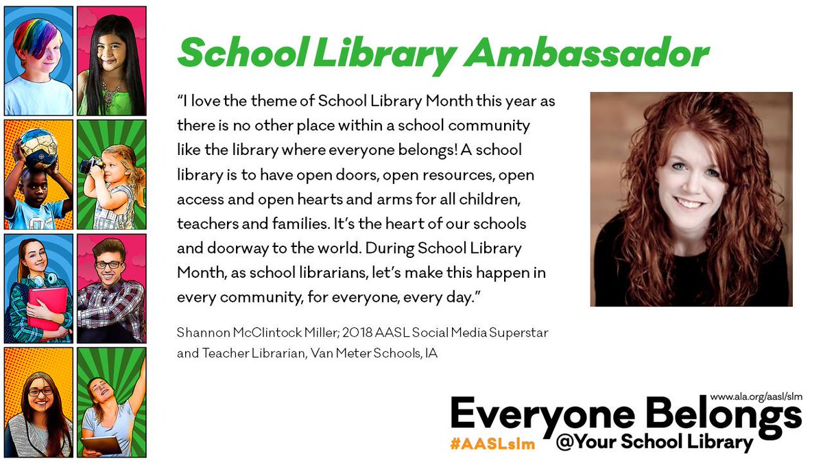 aasl's tweet photo. "A school library is to have open doors, open resources, open access and open hearts and arms for all children, teachers and families. It’s the heart of our schools and doorway to the world." ~Shannon McClintock Miller @shannonmmiller #AASLslm https://t.co/vaZM49qmg2