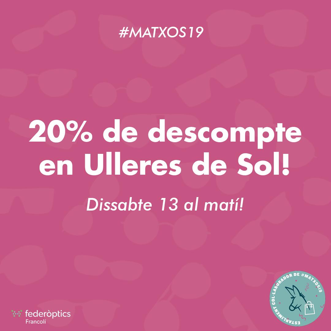 OpticaFrancoli's tweet photo. Ens apuntem al show de @pcdmatxos amb un 20% de #descompte en ulleres de sol durant el matí de demà dissabte! 😎 I a tots els valents i valentes que fareu els #Matxos, força i sort! 💪🔝
#Matxos19 #PerMoltsMatxos #UlleresDeSol #Ulleres #Òptica #Torelló #VallDelGes https://t.co/U3BWc6QA0H