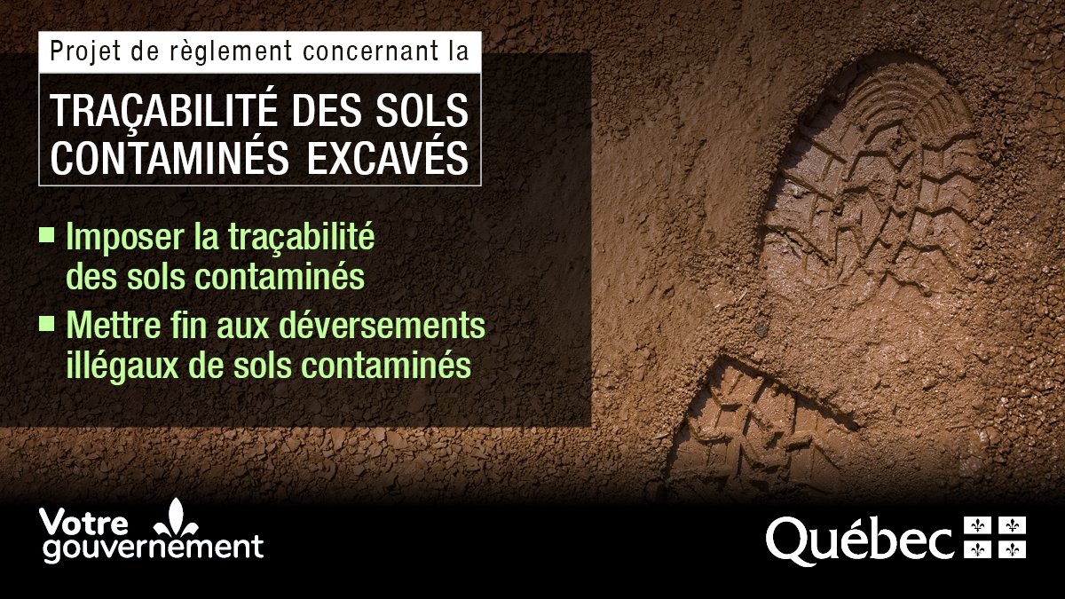 Le Projet de règlement concernant la traçabilité 🧐 des #solscontaminés excavés sera soumis sous peu à la consultation publique💬. Celui-ci imposera la traçabilité et viendra resserrer la réglementation afin de mieux protéger l’#environnement🌿🌎. 

➡️environnement.gouv.qc.ca/infuseur/commu…