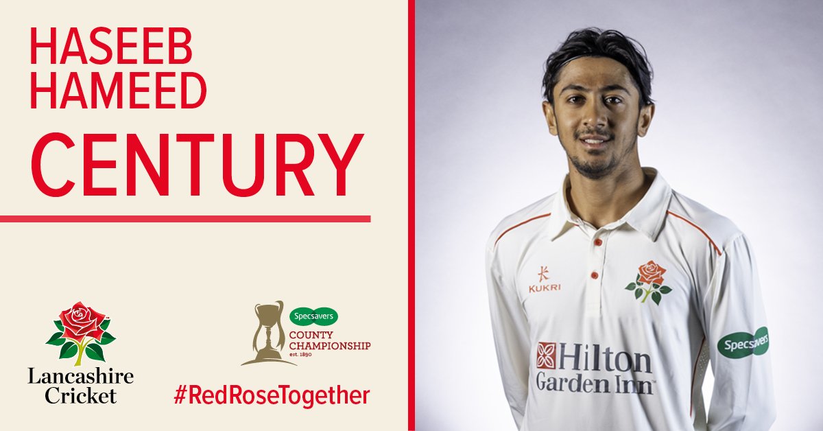lancscricket's tweet image. He&apos;s done it with a SIX! @HaseebHameed97 reaches his CENTURY by pulling Roland-Jones for 6 over backward square leg. Brilliant innings! @lancscricket 179-3 #MIDvLAN