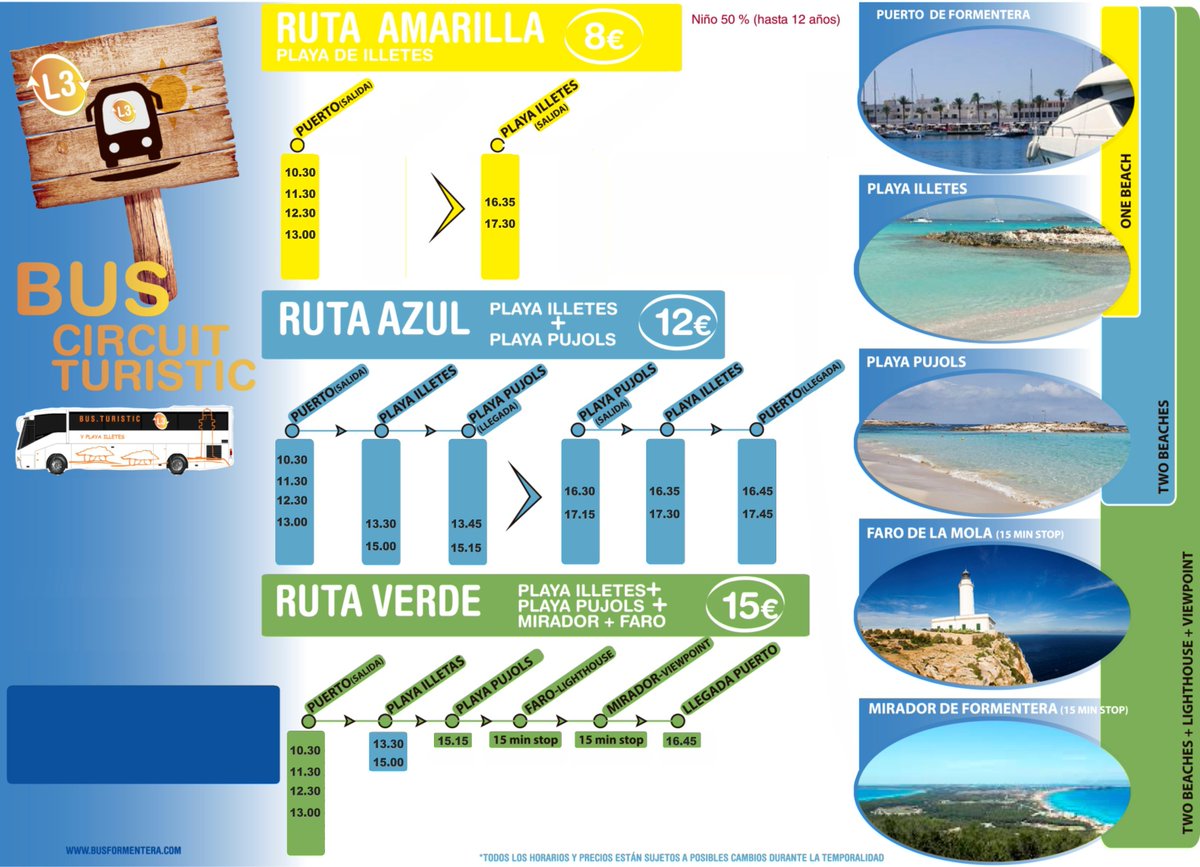 BusFormentera's tweet photo. ARRANCAMOS NUESTRA L3

🏝️🚌🌺 Buenas tardes a tod@s! A partir del lunes 15 de Abril 2019 arrancamos nuestra L3 BUS TURISTIC con nuestras rutas Amarilla, Azul y Verde.
Los ticket pueden adquirirlos en el mismo BUS.

Disfruta de la isla, y muévete en bus!!! https://t.co/juzKnMaT3W