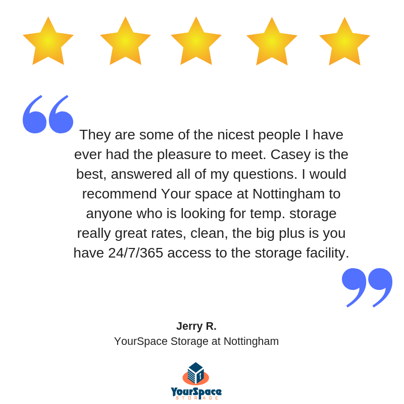 YourSpaceMD's tweet photo. Our Nottingham location received 3 #five-star reviews this week. We love how much our customers enjoy storing at YourSpace! #WhatWillYouStore #FeedbackFriday https://t.co/0ngu3LRdsW