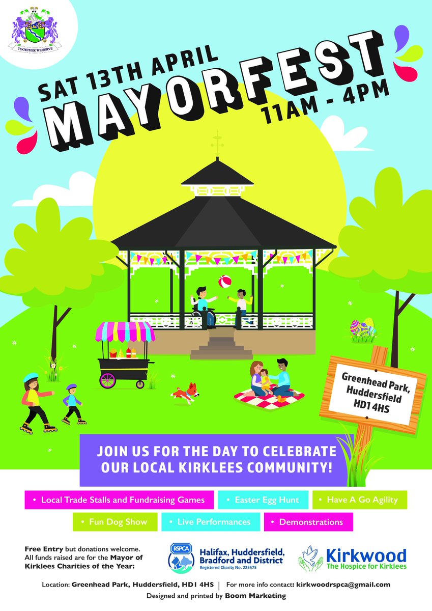 TheKirkwood_UK's tweet photo. We're looking forward to #MayorFest tomorrow! The @KirkleesMayorCh are all set to welcome everyone for a fun day for all the family to raise funds for Kirkwood and @RSPCAhx. We hope you can join us! ☀️🐶 #fundraising #KirkwoodHospice https://t.co/T8Hb9L3CME