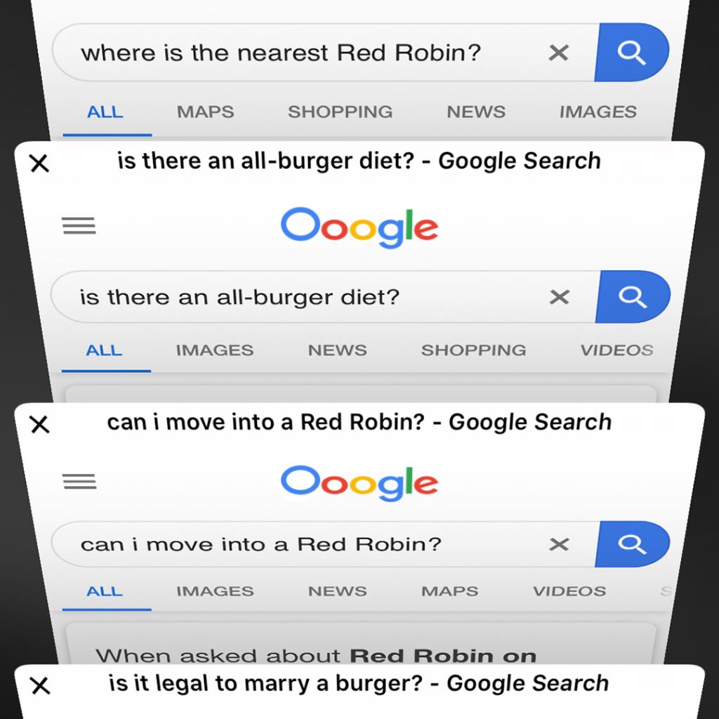redrobinburgers's tweet photo. No shame in this search history game. #BurgerObsessed https://t.co/2zvj3NNMEE