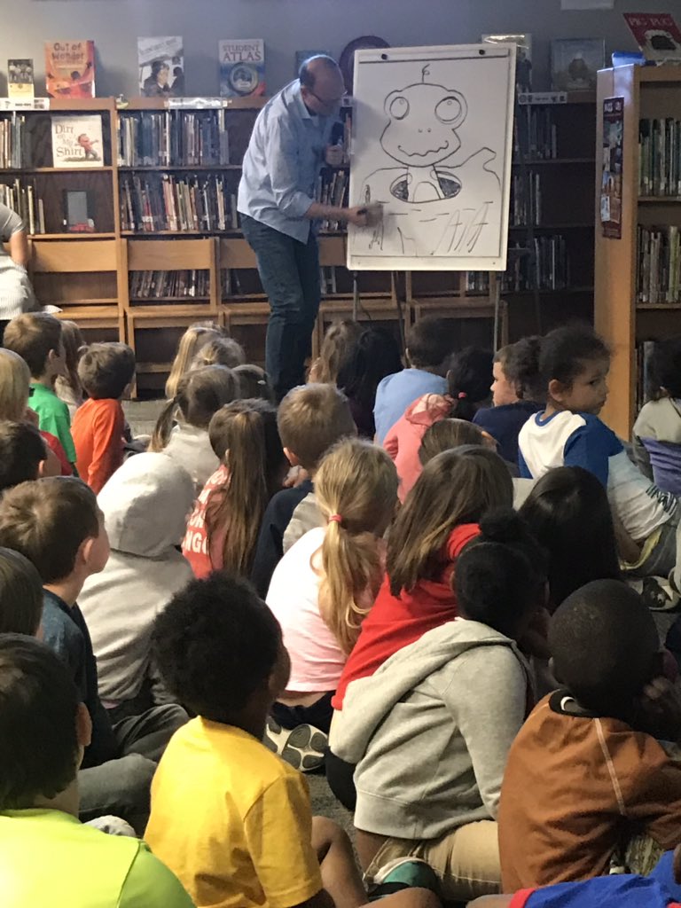 MissMirtsRBE's tweet photo. Happy Friday! This morning @lorenlong visited our school and we listened to him sing and talk about his books! He even drew us a picture of the frog on the log! #excitedreaders https://t.co/HSfPy5wxYv