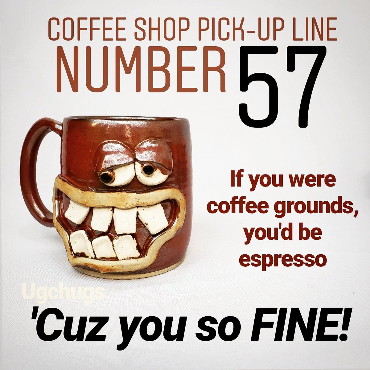 ugchugs's tweet photo. It's Friday, guys!! In case you need a pick-up line, Joey here's got you covered. He's king of the cheesy one-liners.

 #nelsonstudio #ugchug #pickuplines #coffeememe #coffeefun #coffeemugs #funnymugs #loveceramic #coffeedrinkers #lamejokes #cheesypickuplines #FridayFun https://t.co/AxNsTPxCKg