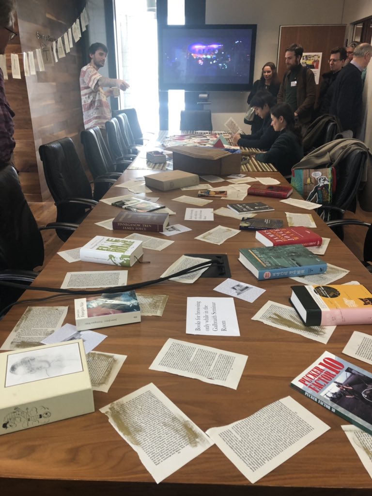 JJ_Gazette's tweet photo. ↑ Installation
11–13 Apr. 2019 at @TLRHub
Waywords and Meansigns (@waywrdsmeansgns)

Illustration on back of door – pic no. 2, courtesy Susie Lopez (@LookUpYoga):
‛History of Joyce Music’ by Sara Jewell (@1_saraluna)
https://t.co/k5F25h9sFp
#FWat80 #JamesJoyce #illustration https://t.co/cLIOh2wjB7