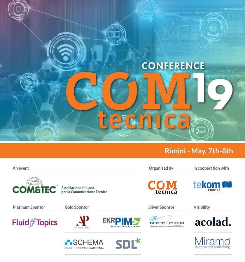 APpublishingDT's tweet photo. Il 7 maggio Alessandro Pratelli terrà un intervento al COM&amp;TEC 2019. Il titolo è "Oltre la Gestione dei Contenuti c’è la distribuzione della Documentazione Tecnica" 
Qui tutti gli interventi in Programma:
https://t.co/35uXKG6GDH

#formazione #innovazione #comunicazionetecnica https://t.co/UNBFz5uFNV