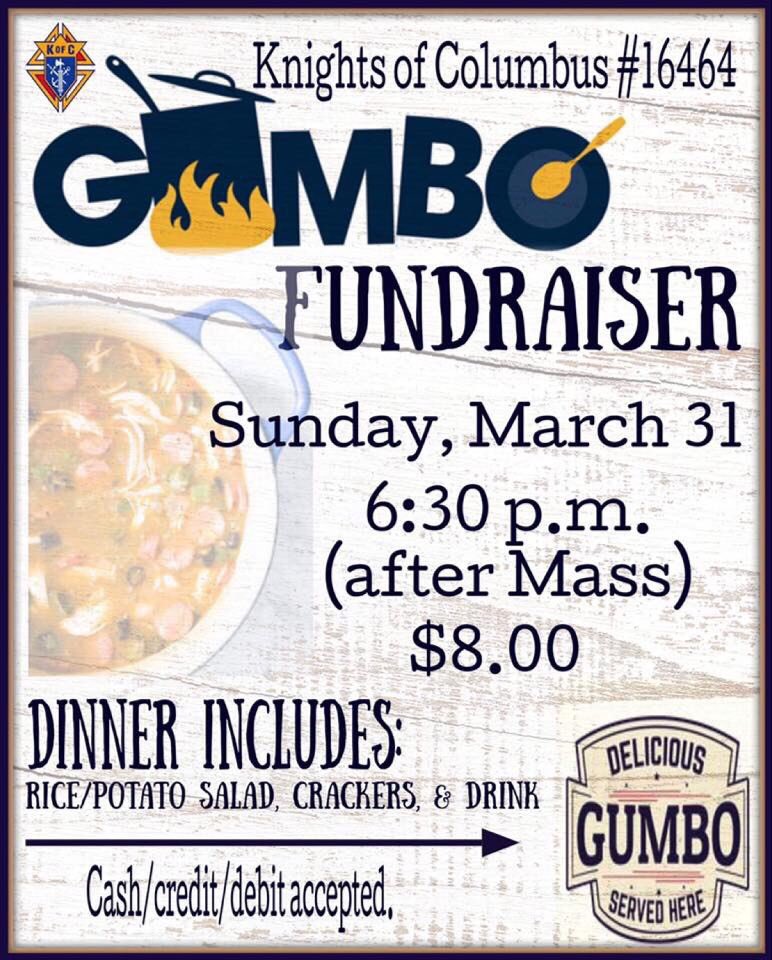 center_lamar's tweet photo. Hey everyone, come out and support our Knights of Columbus with their annual gumbo dinner fundraiser tonight at the Catholic Student Center! https://t.co/gzkcqMKRlP