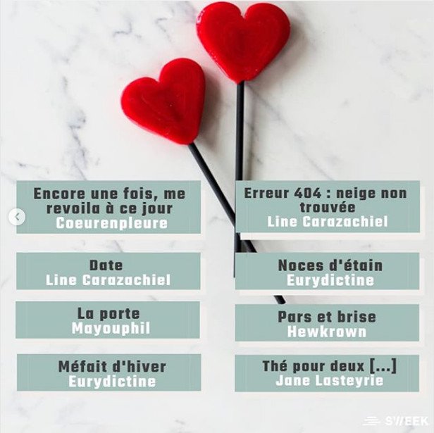 Eurydictine's tweet image. Je suis ravie de vous annoncer que deux de mes nouvelles ont été sélectionnées pour le concours de @sweek_france , dans le cadre de #MicroDate.
"Noces d'étain" a gagné le prix de la meilleure histoire !

Ma joie est d'autant plus grande que je partage l'affiche avec @Carazachiel
