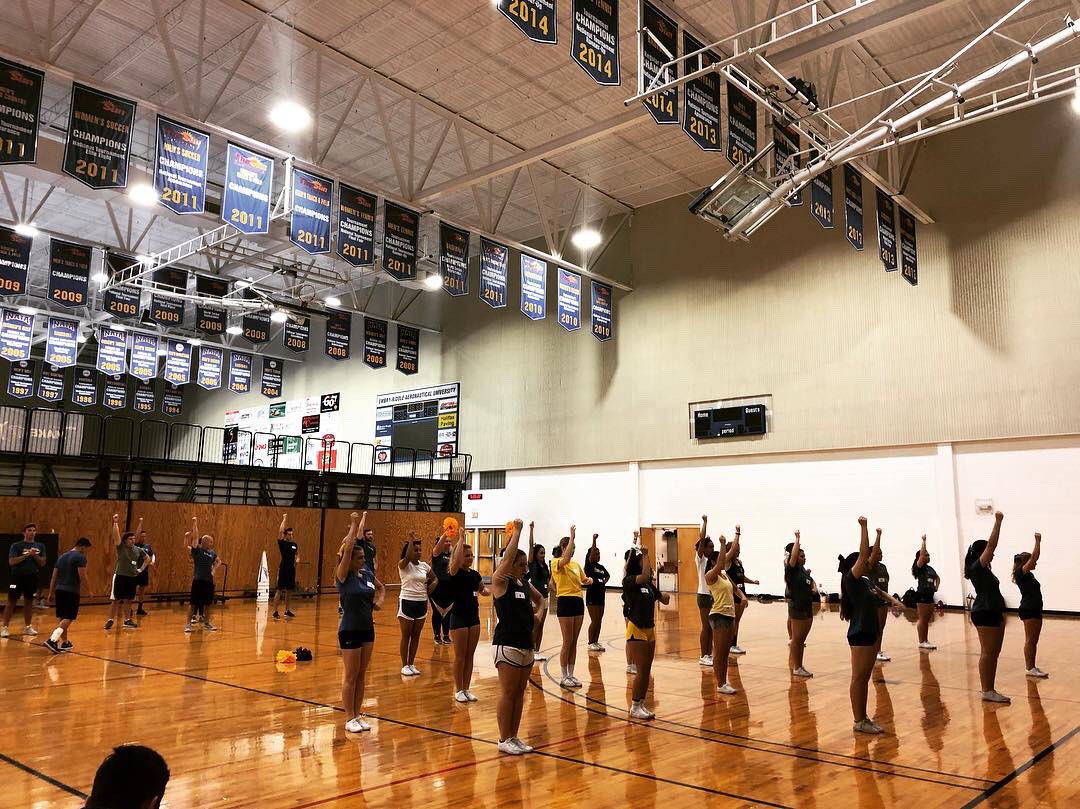 ERAUCheer's tweet photo. Spring 2019 ERAU Cheerleading tryouts. Congratulations to all who made the team last night!! Go Eagles! 💙💛📣 https://t.co/kk0eUqj8kd