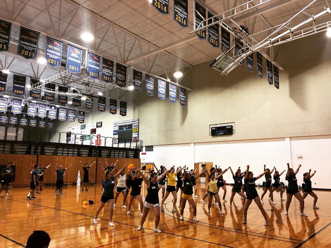 ERAUCheer's tweet photo. Spring 2019 ERAU Cheerleading tryouts. Congratulations to all who made the team last night!! Go Eagles! 💙💛📣 https://t.co/kk0eUqj8kd