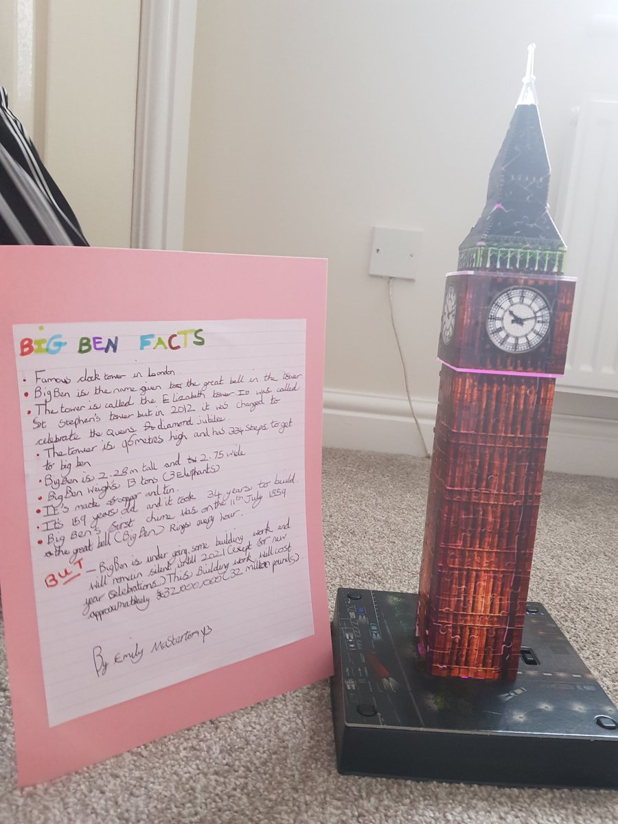 kelly_masterton's tweet photo. It's been a weekend of home learning @theellisY3 #bigben #interviewingskills #buildingcars https://t.co/s11wPYS7JG
