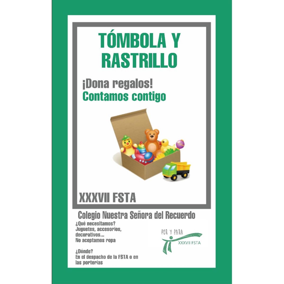 FSTA1982's tweet photo. Comienzan los últimos días para llevar regalos para tómbola y objetos que podamos vender en el rastrillo! Traédnoslos al despacho y los recibiremos encantados!
P.D.: rogamos que os aseguréis de que todo esté en buen estado!
#PorYParaTi #XXXVIIFSTA https://t.co/MSzypfkrjP