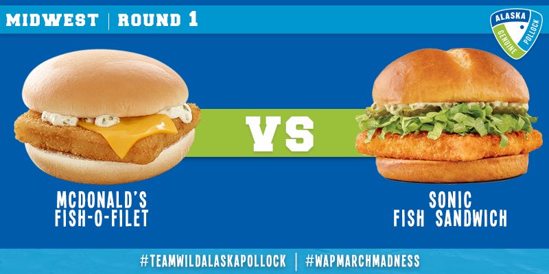 wildAKpollock's tweet photo. In our final #Elite8 matchup of the #WAPMarchMadness Challenge we have the #MidwestRegion matchup between @McDonalds Filet-o-Fish ๐ going up against the @sonicdrivein Fish ๐ sandwich! Who has the horsepower to make it into the #FinalFour? #TeamWildAlaskaPollock #WAPfor40 ๐ ๐ https://t.co/GJIikM5NtT