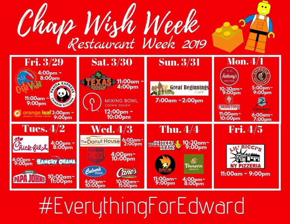ChapHappenings's tweet photo. Here’s the complete schedule of every event and restaurant that you can show your support at for Edward’s Wish to go to Legoland!!🌟🍽Remember Chap, no matter how or what you can give, give #EverythingForEdward this week💙✨ Can’t wait for this week to begin!!!!#ChapWishWeek https://t.co/4Vhfr9hAky