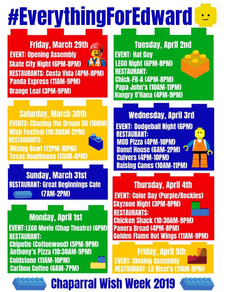 ChapHappenings's tweet photo. Here’s the complete schedule of every event and restaurant that you can show your support at for Edward’s Wish to go to Legoland!!🌟🍽Remember Chap, no matter how or what you can give, give #EverythingForEdward this week💙✨ Can’t wait for this week to begin!!!!#ChapWishWeek https://t.co/4Vhfr9hAky