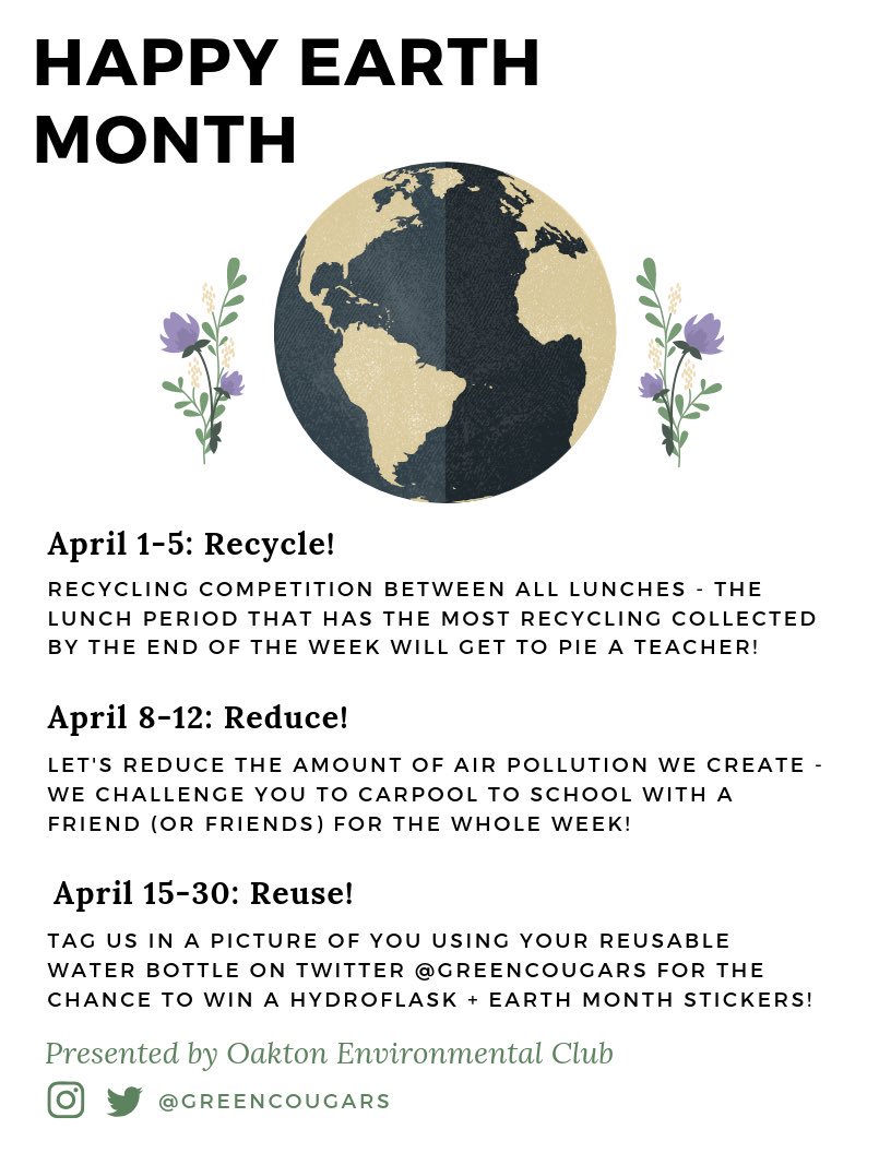 GreenCougars's tweet photo. Tomorrow is the first day of earth month! Make sure you participate in all of our activities so we can celebrate our amazing planet. You may even win some fun prizes!🌎🌿 https://t.co/jq6BUKAySY
