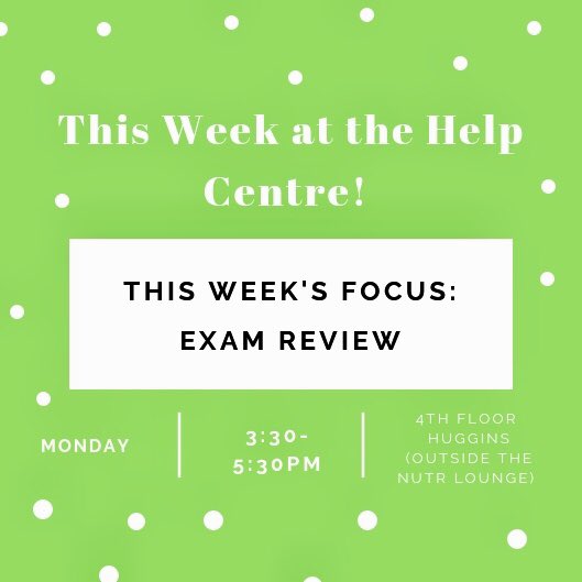AcadiaNutrition's tweet photo. The @AcadiaU @AcadiaNutrition Help Centre is open Monday, April 1 from 3:30 - 5:30 pm. Join TA @Lydia_Acadia in #HugginsScienceHall 416 for an ’Exam Review’ or come w/ questions. When not open for sessions, use the Centre for studying and reading 📚🧐. https://t.co/32GtfyOCpr
