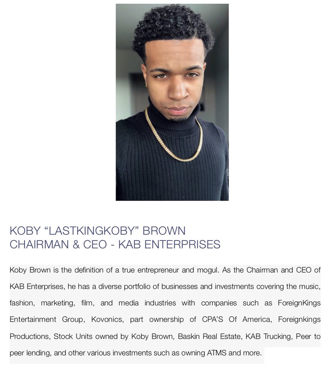 KabEnterprises's tweet photo. Chicago's very own Koby "Lastkingkoby" Brown under 30 years old is the youngest black Chairman &amp; CEO of KAB ENTERPRISES with a rough updated networth estimate of $380,000💰 a year
https://t.co/kxrfm2N0zV
 #CEO #Chairman #BlackExcellence #KABENTERPRISES #Entrepreneur https://t.co/JRp1uCuSbe