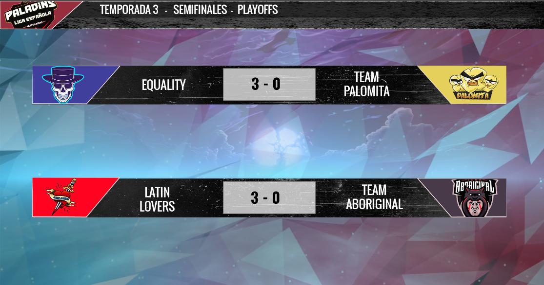 LEPaladins's tweet photo. | PLAYOFFS |

Terminan las semifinales con los siguientes resultados, nos vemos el domingo 7 abril a las 17:00 para ver:

🏆La gran final de @EqualityESP vs  #LatinLovers

🏆El tercer y cuarto puesto de @TeamAboriginal vs @TeamPalomita 

¡Muchas gracias por acompañarnos! https://t.co/sQErT86fQc