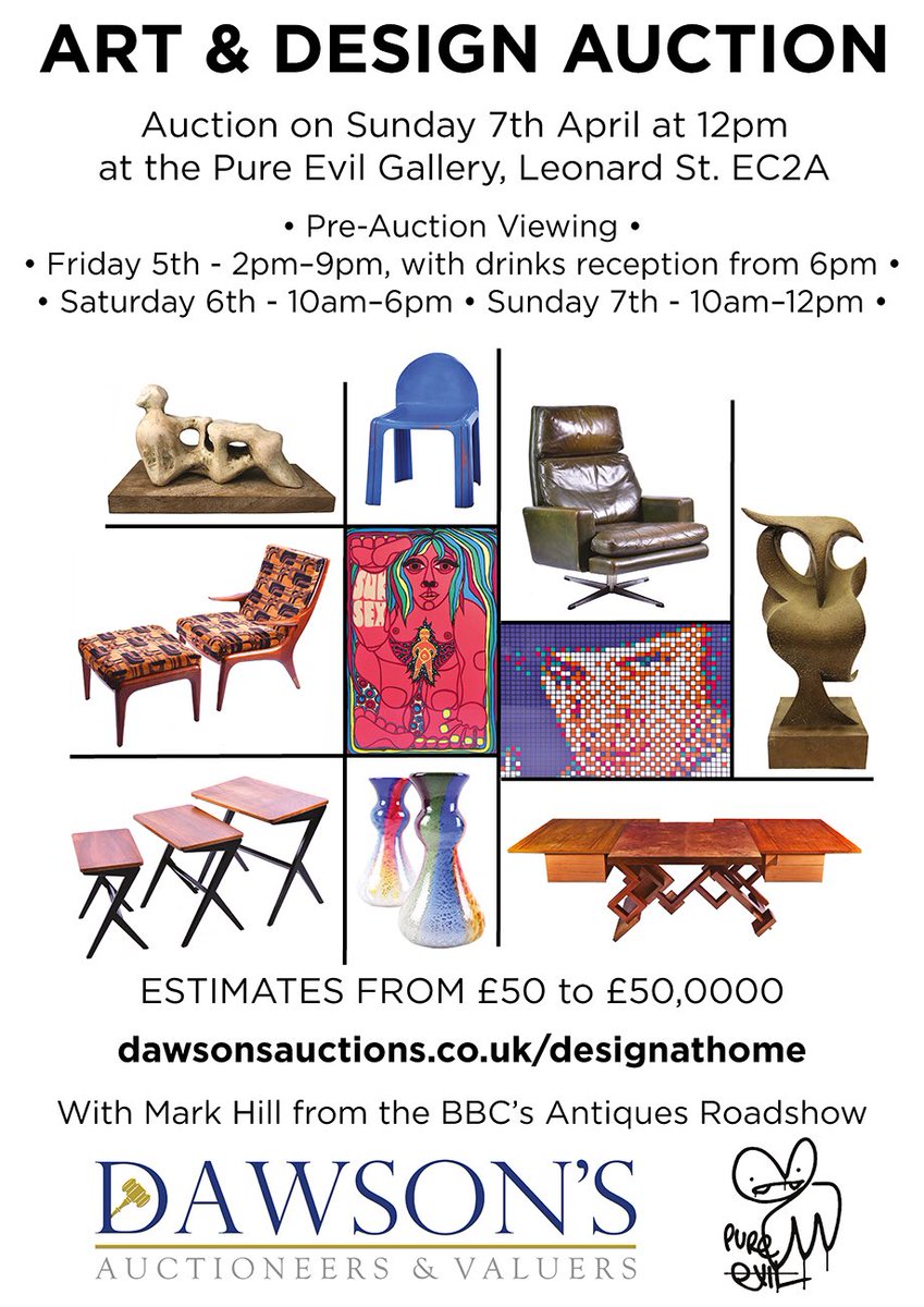 antiquemark's tweet photo. I’m excited to announce my next mid-century modern 20th century art &amp; design sale with @DawsonsAuctions next Sunday 7th April at 12pm at @pureevilgallery in Hoxton, London. View the catalogue at https://t.co/xqKPu94k84 - estimates range from £50 to 50,000! https://t.co/4ytm1mVFSI