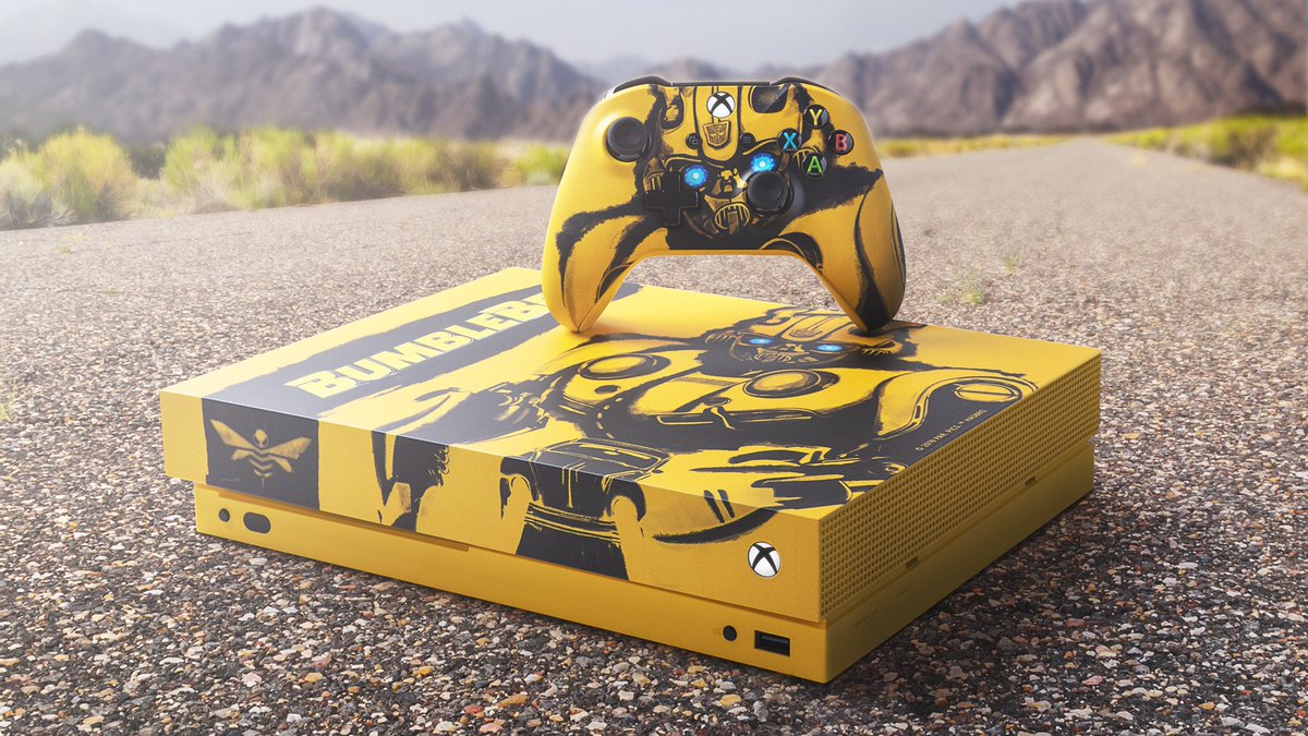 Xbox's tweet image. It’s your last chance, Autobots. RT and tag #BumblebeeSweepstakes for your chance to win this custom Xbox One X. And bring the adventure home today on Microsoft Movies &amp;amp; TV.

NoPurchNec. Ends April 2. Rules: xbx.lv/2Vaqn7Y