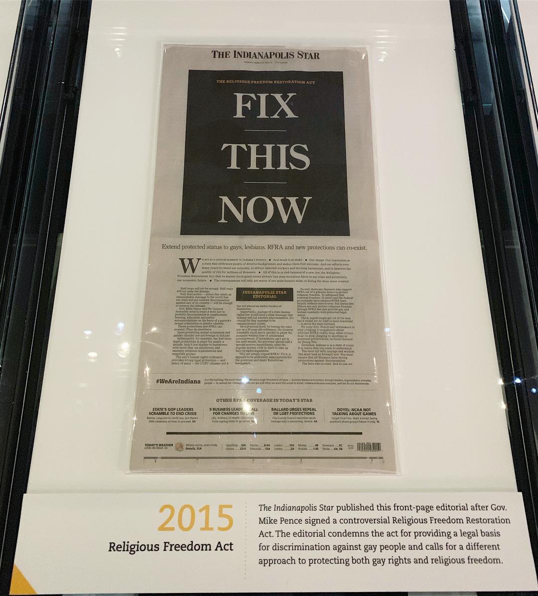1stForAll's tweet photo. #OTD in 2015, the @indystar published an editorial after Pence signed a controversial Religious Freedom Restoration Act. The editorial condemns the act for providing a legal basis for discrimination &amp; calls for a different approach to protect both gay rights &amp; religious freedom. https://t.co/WMXba4Pm9B