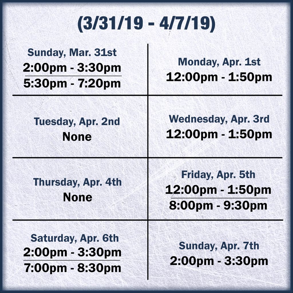 CenterIceCanton's tweet photo. Here are the Open Skate times for the first week of April. We hope you all are having a great spring so far! Visit our website for all upcoming events: https://t.co/utvXDZvDPv https://t.co/oaF1WoBxz6